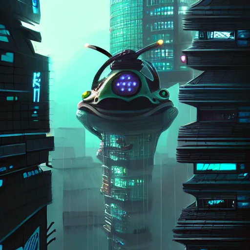 Prompt: A ninja frog with a big shuriken on its back standing at the top of a cyberpunk building, artstation, atmospheric, concept art, digital art