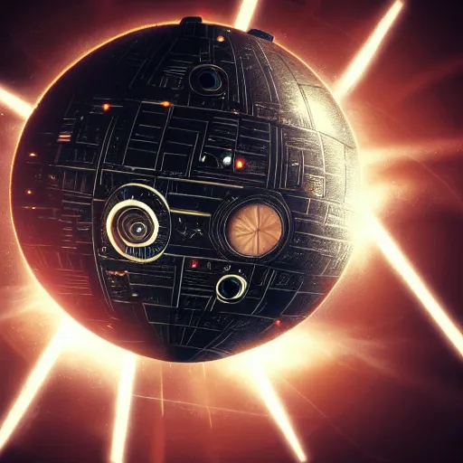 Image similar to high - quality photo of steampunk style death star, firing lasers.