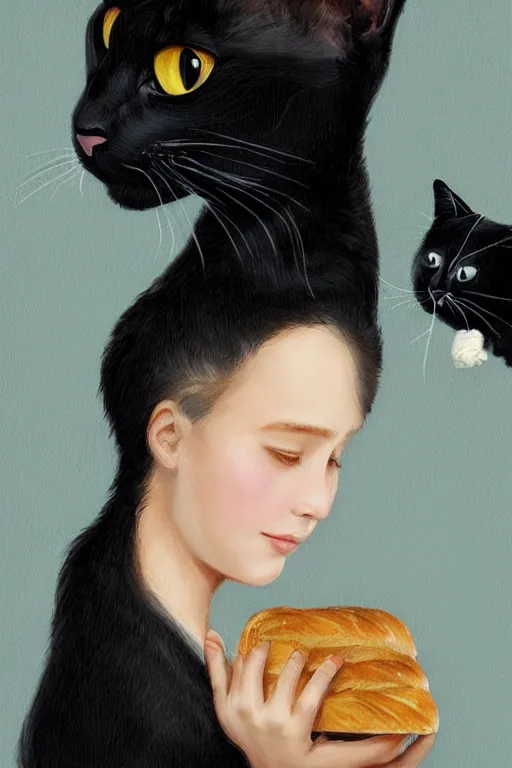 Image similar to beautiful cottagecore of a girl with short black curly hair, round face, cute face, holding a loaf of bread. There's also a black cat on her shoulder. intricate, elegant. highly detailed, digital painting, artstation, concept art, smooth, sharp, focus, illustration. Black cats. art by artgerm and greg rutkowski and alphonse mucha