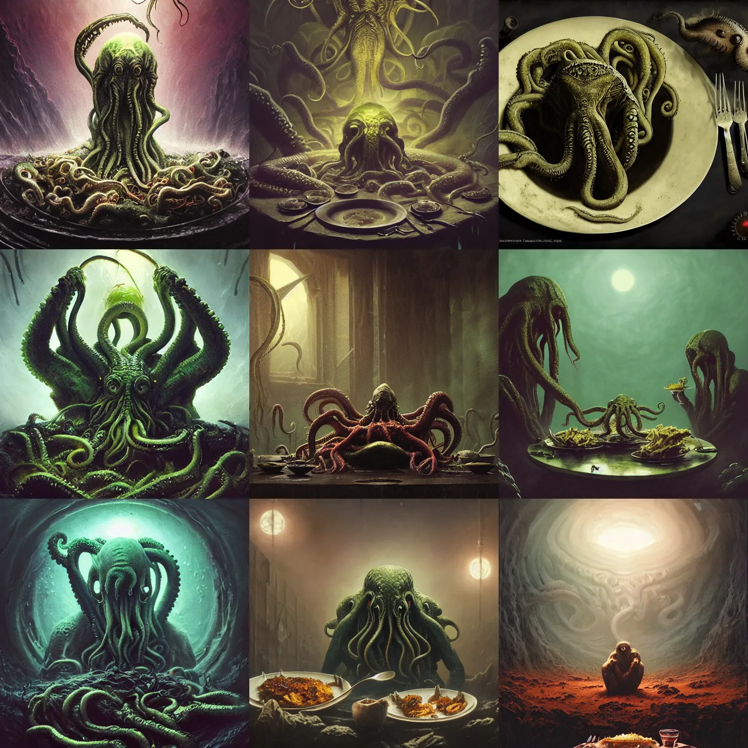 Prompt: Cthulhu eating things, art by greg rutkowski and Zdzislaw Beksinski, good clear quality, lighting, horror, biology, symmetrical artwork, tentacles, Cthulhu Mythos, tiny planets and nebulas on his plate as meal pieces, 135 mm, cinematic, hyper realism, high detail, octane render, 8k, chrome accents