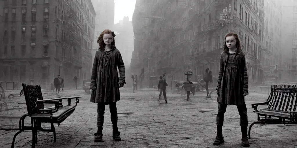 Prompt: mid shot of sadie sink in hoodie sits on bench in ruined square, pedestrians walk by | steampunk tenement windows in background : 3 5 mm film, anamorphic, from schindler's list by steven spielberg. cyberpunk, cinematic atmosphere, detailed and intricate, perfect anatomy