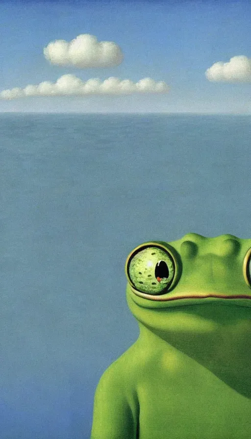 Prompt: one frog with city in the back by René Magritte, detailed, 4k