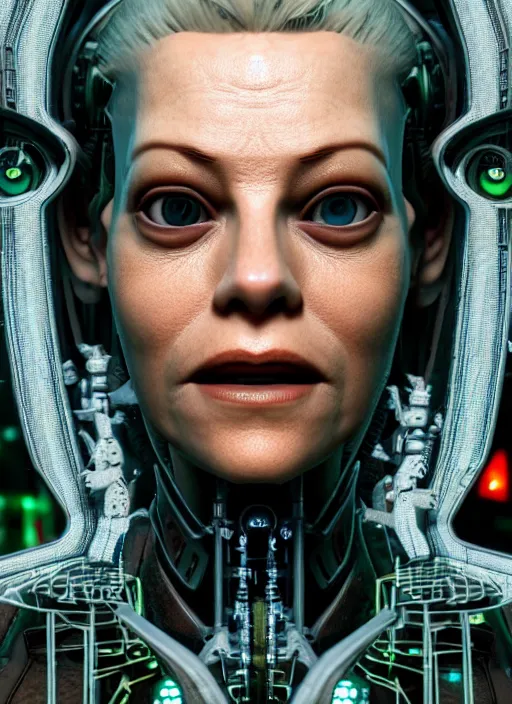 Prompt: 35mm portrait of a 7 of 9 borg with eye implant, on the background of a weird magical mechanical forest. Round gears visible inside her hear. Very detailed 8k. Fantasy cyberpunk horror. Sharp. Unreal 5 render with nanite, global illumination and path tracing. Cinematic post-processing