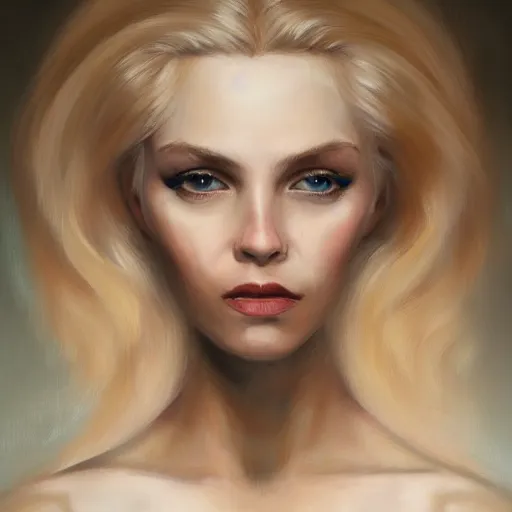 Image similar to a portrait of a blonde woman with strong features, dramatic lighting, oil painting, pale colors, high detail, 8 k, wide angle, trending on artstation,