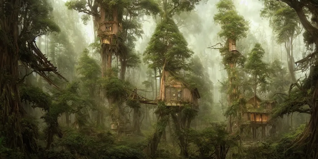 Prompt: a suspended village built with wood and bridges high up a dense forest with many giant tall and large trees, ultra detailed, concept art, game art, matte painting, by tomasz alen kopera and peter mohrbacher, and michel - ange, artstation 8 k, greg rutkwowski, alphonse mucha, studio ghibli, wlop
