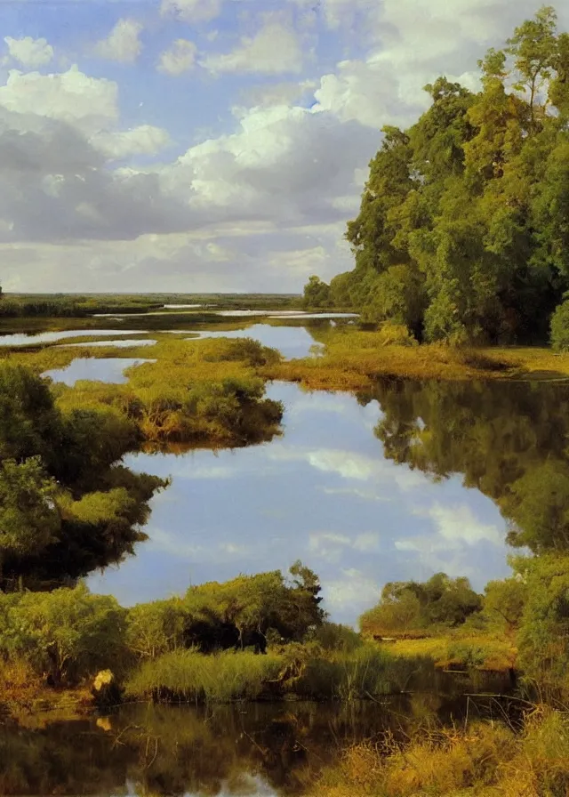 Prompt: river delta, floodplains, still pond, extremely detailed oil painting, sargent and leyendecker, savrasov levitan polenov, bruce pennington, tim hildebrandt, digital art, landscape painting, trending on artstation, masterpiece