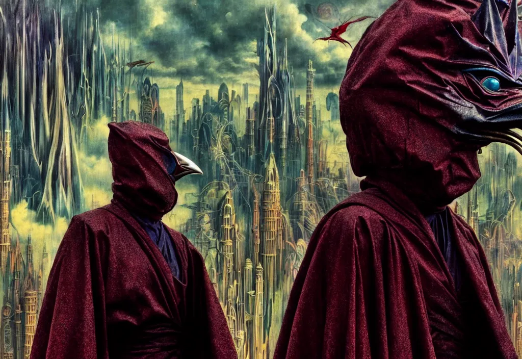 Image similar to realistic detailed portrait movie still of a birdman wearing dark robes, sci fi city landscape background by denis villeneuve, amano, yves tanguy, alphonse mucha, ernst haeckel, max ernst, ridley scott, roger dean, masterpiece, rich moody colours, cinematic, snarling dog teeth