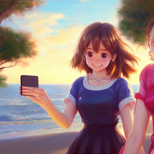 Image similar to beautiful serene intricate very detailed portrait of ochako uraraka and ochako uraraka taking a selfie, smiling softly, relaxing on the beach, golden hour, soft focus, 8 k, art by irakli nadar, hyperrealism, hyperdetailed, ultra realistic