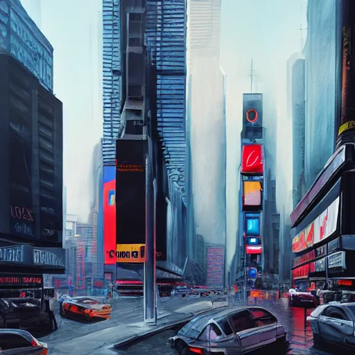 Image similar to modern downtown city, Parisian buildings, billboards, advertisements, Times Square, small buildings, dark, matte painting, concept art, digital painting, style of Ian Hubert, warm lighting, futuristic, volumetric lighting, street view, daytime, godrays , high detail