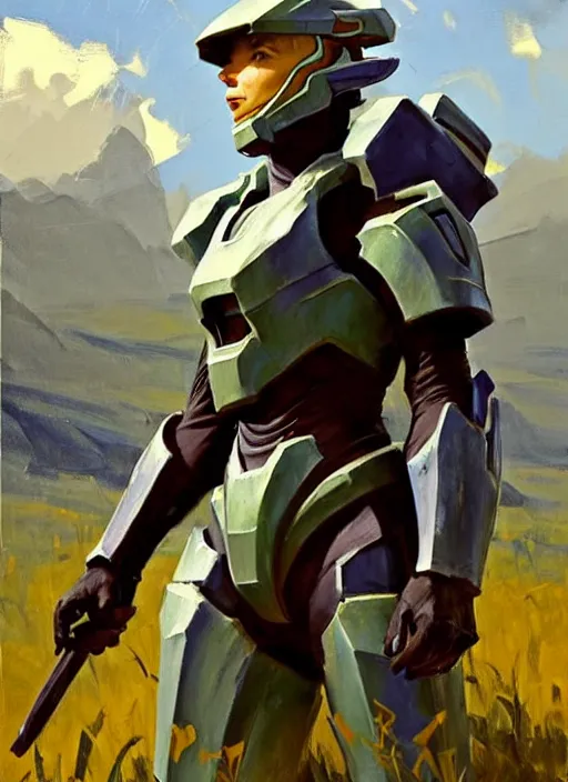 Prompt: Greg Manchess painting of Zelda wearing Forerunner armor from Halo, countryside, calm, fantasy character portrait, dynamic pose, above view, sunny day, thunder clouds in the sky, artwork by Jeremy Lipkin and Giuseppe Dangelico Pino and Michael Garmash and Rob Rey, very coherent asymmetrical artwork, sharp edges, perfect face, simple form, 100mm