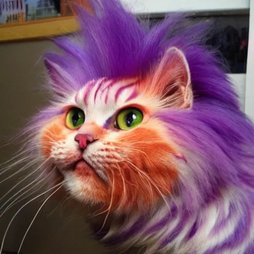 Prompt: orange cat, with his hair died purple to look like the cheshire cat, photo