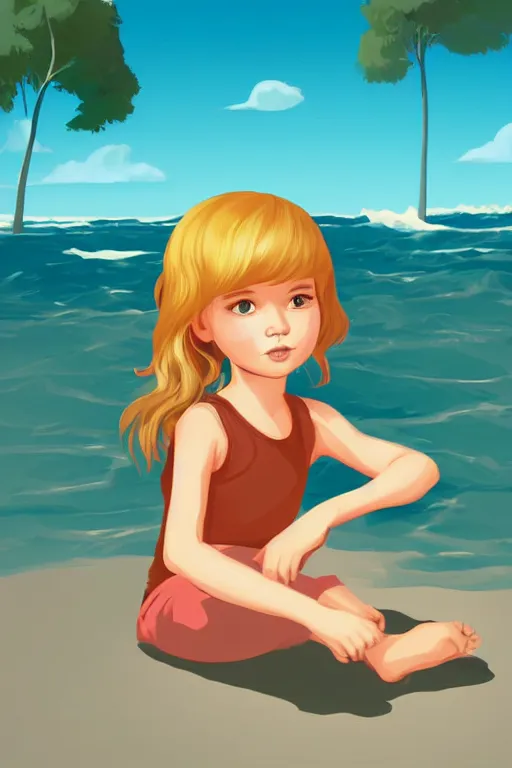 Image similar to a little girl sit beach. clean cel shaded vector art. illustration art by lois van baarle and helen huang and artgerm