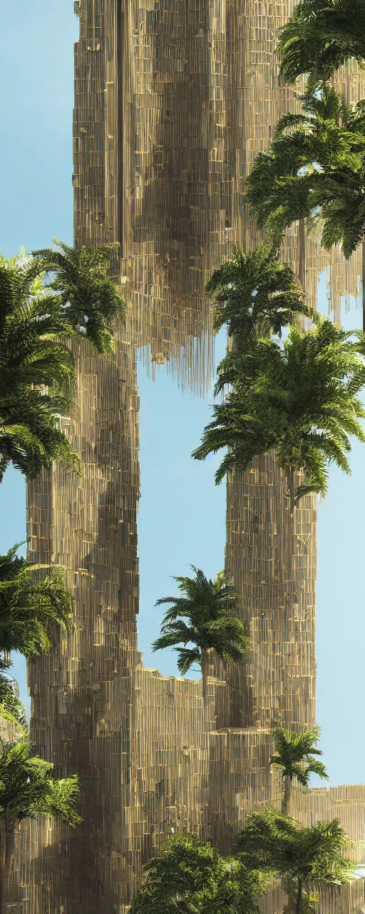 Image similar to solarpunk style, eye level view of a contemporary tower, golden intricate details, stone facade, sacred architecture, hanging gardens, cascading highrise, arid mountains with lush palm forest, photorealistic, sunlight, 8 k, post - production, octane, cgi, sfx