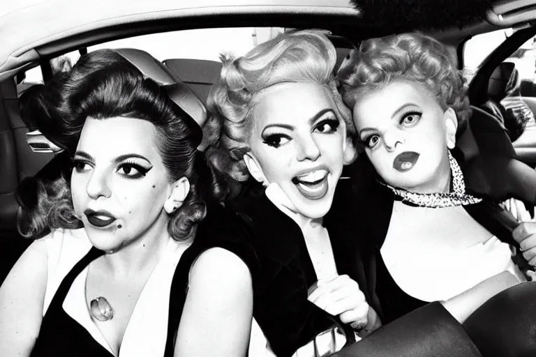 Image similar to lady gaga and judy garland doing carpool karaoke, lady gaga and judy garland, carpool karaoke, lady gaga, judy garland, carpool karaoke