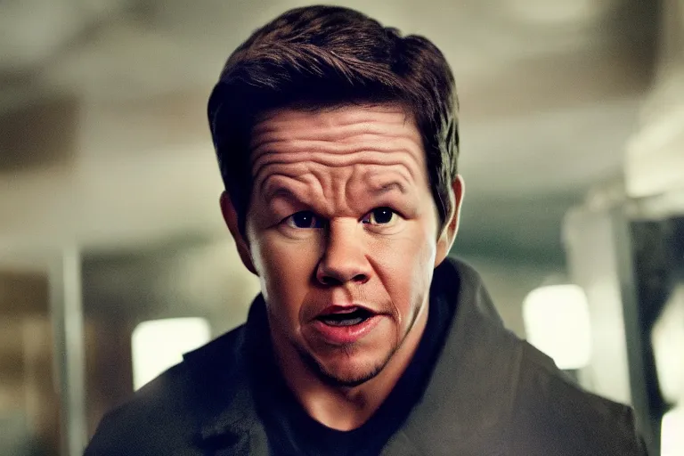 Image similar to mark wahlberg as matt daemon, all faces are distorted contorted, shock, repulsion, disgust, frustration, annoyance, laughter, smirk, snicker, cinematic still, movie still, long lens, shallow depth of field, bokeh, anamorphic lens flare, 8 k