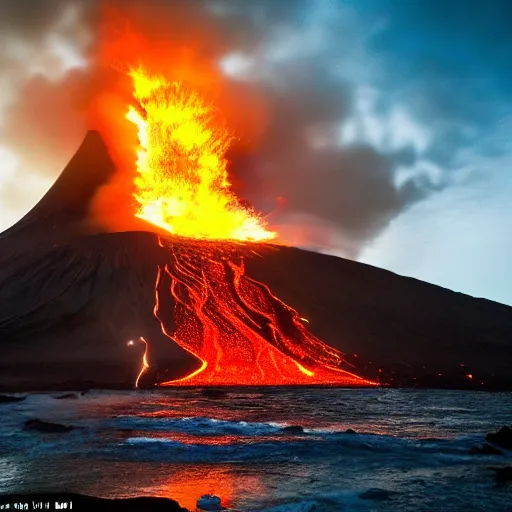 Prompt: dramatic photograph of pele the goddess of volcanos and fire erupting from the top of a hawaiian volcano surounded by carved wooden tiki statues, spooky, beautiful, dramatic lighting