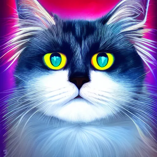 Image similar to symmetry!! portrait of cool and good - looking ragdoll cat, long cat hairs, big cat eyes, colorful lighting, hyperrealistic, trending on pixiv fanbox, style of marvel cinematic universe,