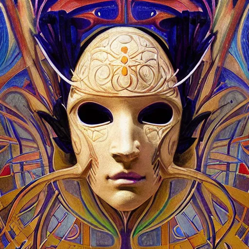 Image similar to masterpiece painting of a facemask made of stylized flowers, by annie swynnerton and jean delville and tino rodriguez and john watkiss, flower mask, art deco shaman, symbolist, dramatic lighting, god rays, elaborate geometric ornament, photorealism, modern realism, clean crisp graphics, soft cool colors, smooth, sharp focus, extremely detailed