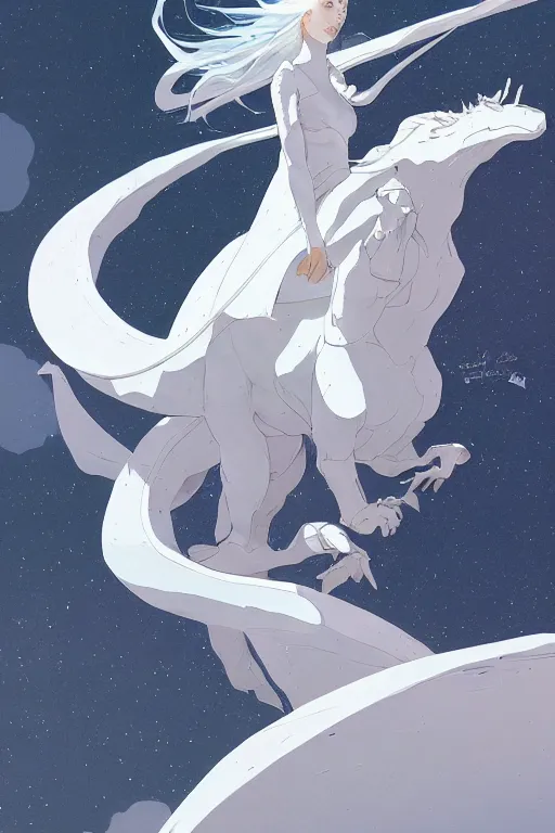 Prompt: vanishing point, white hair eva riding on the white dragon's neck ready to fight, by victo ngai and makoto shinkai, partner, adiant light, minimalist, unreal engine 5, concept art ， highly rendered,, digital painting, artstation, concept art, smooth, sharp foccus, artstation hq