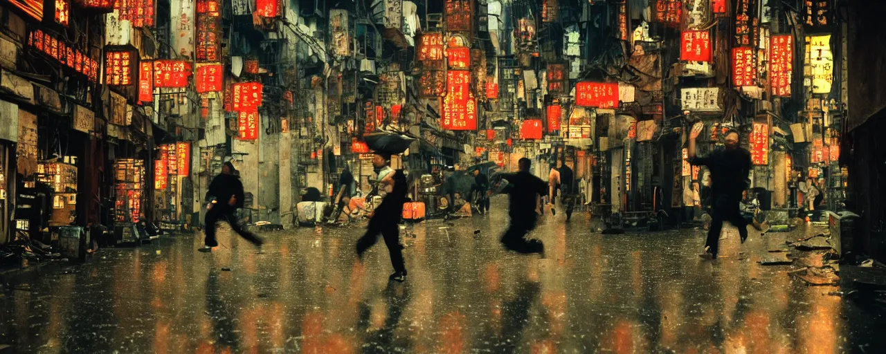 Image similar to dynamic steadicam shot, following a black clad man running through a crowded narrow alley in kowloon walled city, , fluorescent lights, night, rain, tungstem color balance, cinestill, cinematic movie still