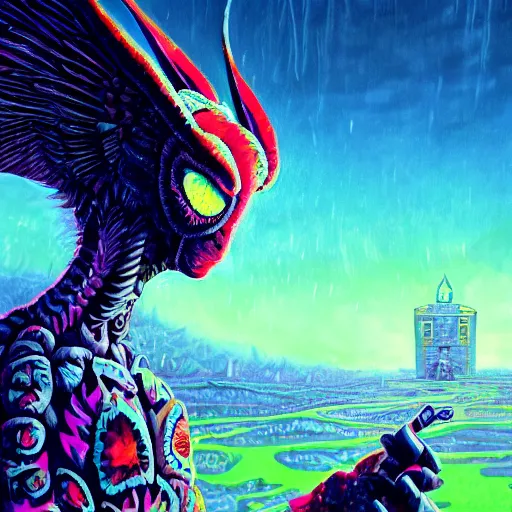 Image similar to 8K Portrait of centered chest up of a psychedelic godlike mothman with giant mandala wings smoking a hand-rolled cigarette smoking heavily , magic mushroom village in background , post-processing , award winning. superb resolution. in the art style of junji Ito and greg rutkowski . Detailed Mushroom city in background. Hyper realistic anime. Perfect art. Dalle2