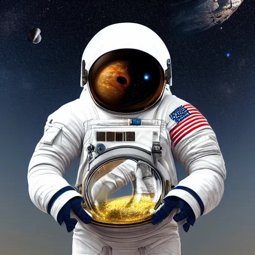 Prompt: astronaut [ holding a bowl filled entirely with stars and space ]!!, digital art, trending on cgsociety, 4 k quality, intricate details