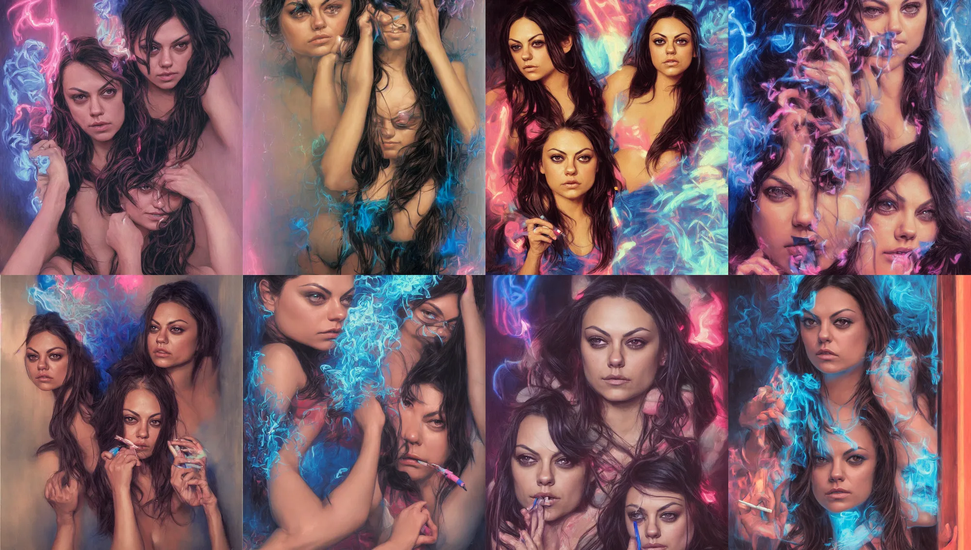 Prompt: portrait mila kunis looking into the camera leaning back against a wall smoking a cigarette, blue and pink neon lit entrance, 1 9 8 0 s, intricate, moody, tasteful, intimate, highly detailed, short focus depth, artgerm, donato giancola, joseph christian leyendecker