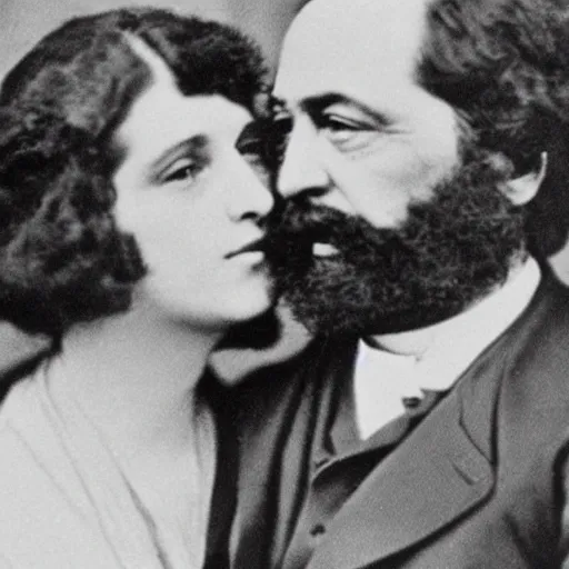 Image similar to Karl Marx and Ayn Rand kissing, wedding photo, 1920, Church backround