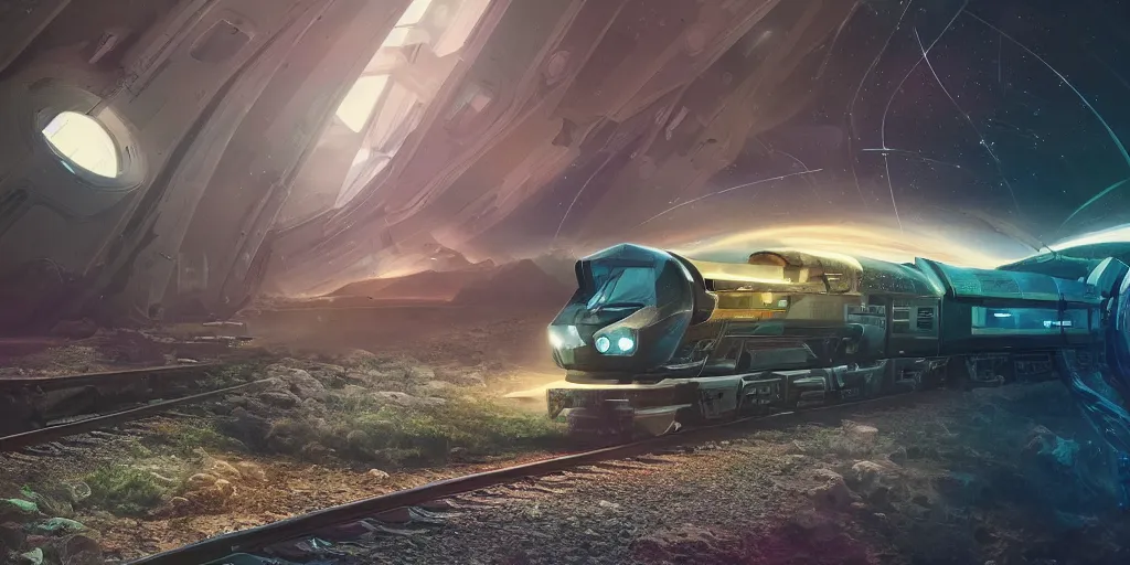 Prompt: inter dimensional sci - fi train far future, travelling across the stars, cosmos, galaxy, concept art, dreamy, render by octane and blender, hyper realistic, cinematic lighting, unreal engin 5, by dominic mayer, 8 k, vray render, artstation, deviantart