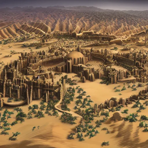 Image similar to a large kingdom in the desert, 8 k fantasy art illustration