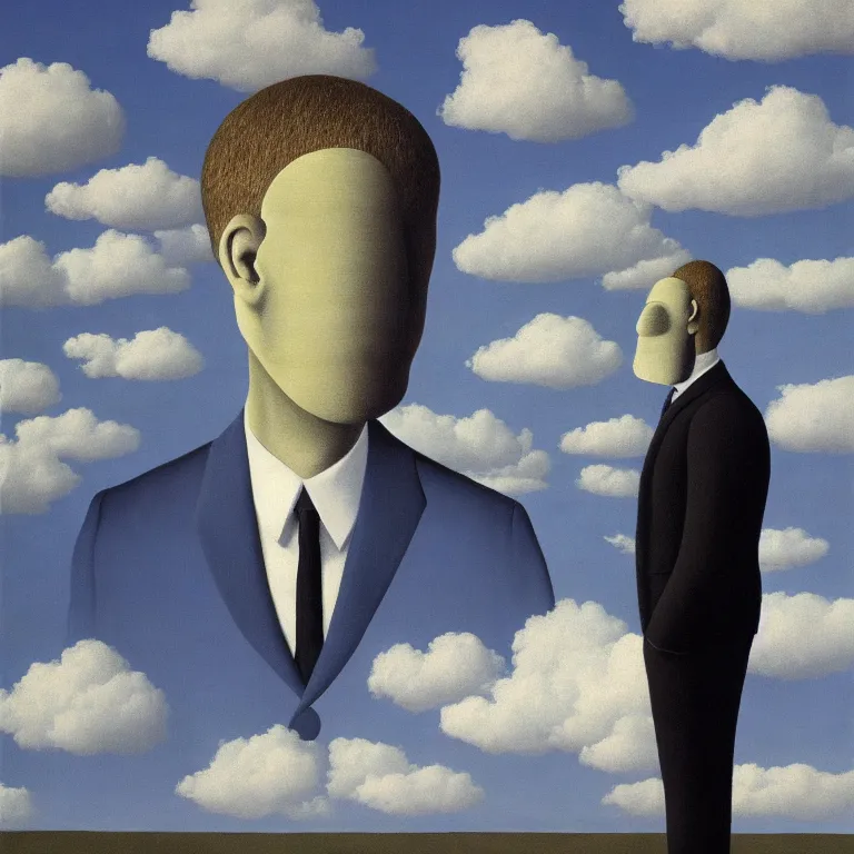 Image similar to portrait of a faceless shadow - head man in a suit, clouds in the background, by rene magritte, detailed painting, distance, middle centered, hd, hq, high resolution, high detail, 4 k, 8 k