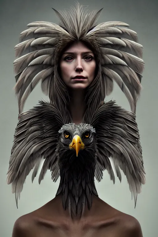 Image similar to epic professional digital portrait of female anthropomorphic human - eagle hybrid, wearing human air force jumpsuit, humanoid feathered head, eagle beak, by lisa roet, leesha hannigan, wayne haag, iris van herpen, artstation, cgsociety, epic, much wow, much detail, gorgeous, detailed, cinematic, masterpiece