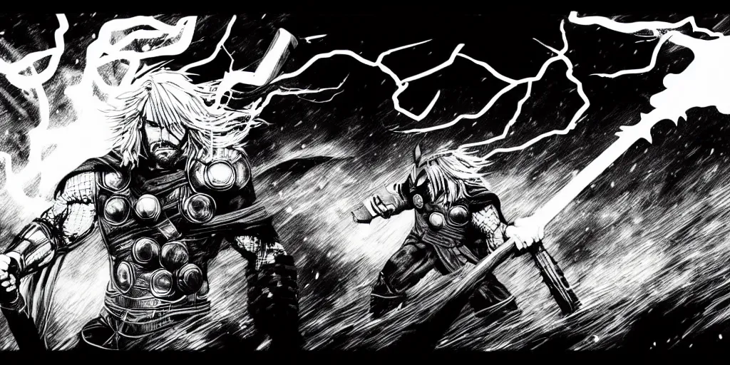 Image similar to thor with blond hair catches lightning and holds an ax in an epic battle with storm clouds with faces monsters by tsutomu nihei, black and white, epic battle background, comic, cinematic