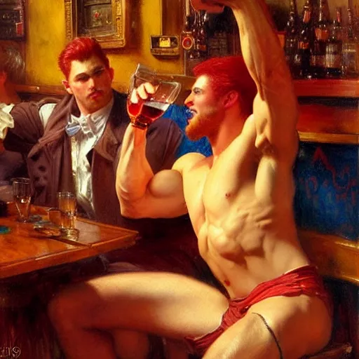 Prompt: attractive muscular mike with red hair with muscular attractive tyler with black hair, drinking their hearts out, in a pub. very defined and highly detailed painting by gaston bussiere, j. c. leyendecker, craig mullins 8 k