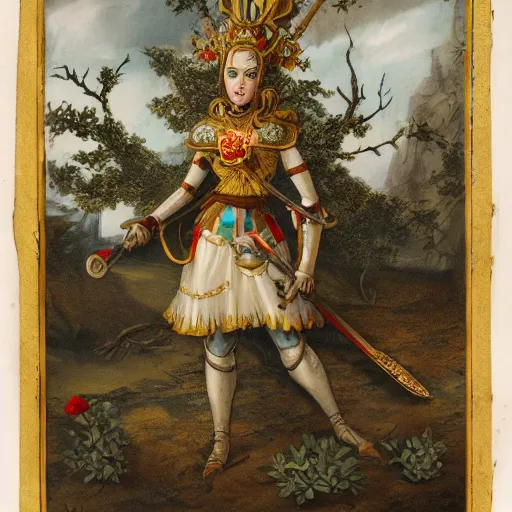 Image similar to an anthropomorphic poppy flower wears an iron breastplate with a gilded crown crest on it, holding a sword and shield as if she's ready for battle, standing next to a large tree stump that seems to be made out of white marble or stone