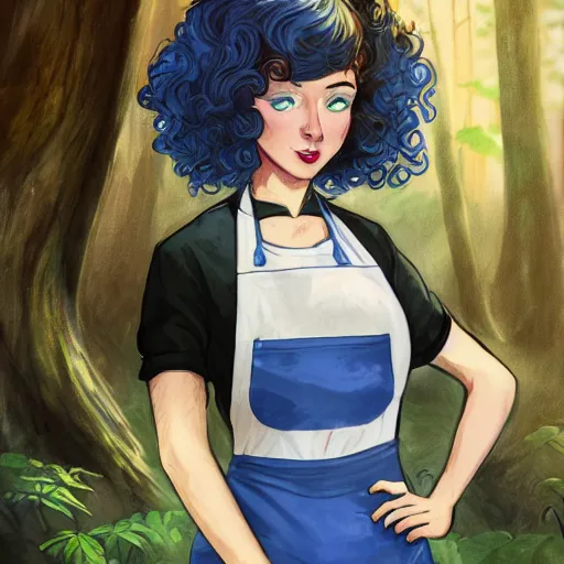 Image similar to a portrait of a 1 9 6 0 s woman with curly black hair and blue eyes, and an apron in the forest, dynamic lighting, fantasy concept art, trending on art station, stunning visuals, cinematic, ultra detailed