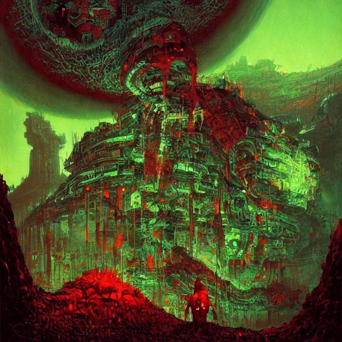 Image similar to gargantuan disappointment of flaky souls, red and green palette, by ( h. r. giger ) and paul lehr