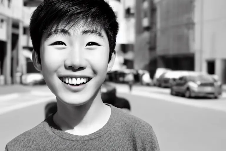 Image similar to still photo of a korean boy smiling at the camera on the street, black and white color aesthetic, highly detailed, photorealistic portrait, bright studio setting, studio lighting, crisp quality and light reflections, unreal engine 5 quality render