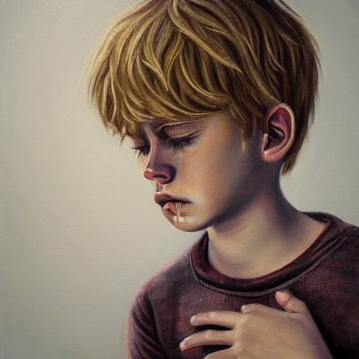 Image similar to highly detailed painting of deep sadness alone, young blonde boy, expressive emotional sadness piece, trending on art station, abstract emotional sadness expression, very very very beautiful, digital art