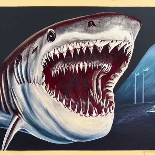 Image similar to detailed painting of a terrifying shark dressed as a police officer, nightmare, lapd