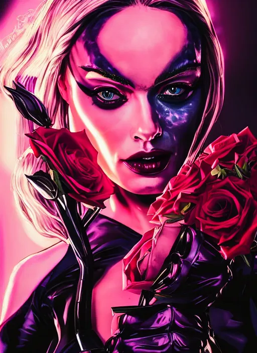 Prompt: closeup portrait of seductive succubus athena goddess varga margot robbie as harley quinn posing, roses, energy, jim lee, frank miller, gotham city, futurepunk, glamour pose, moebius, gta v, dan mumford, mucha, nagel, tarot card, d & d, neon art deco, black paper, vibrant, greg rutkowski,