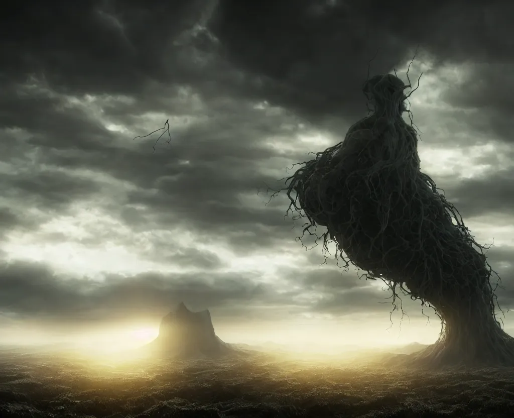 Prompt: the tendrils of a dormant god extending up into the sky, volumetric lighting, unreal engine 5, harrowing apocalyptic atmosphere, photorealistic, unnerving, hyperdetailed 3d matte painting, hyperrealism, hyperrealistic, cinematic masterpiece, fantasy horror style 8k ultrahd octane render