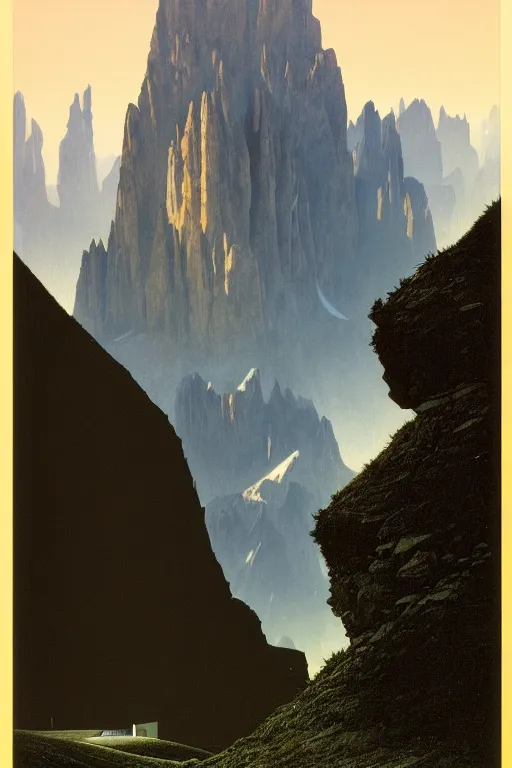 Prompt: a scene in the dolomites by arthur haas and bruce pennington and john schoenherr, cinematic matte painting, minimal modern, zaha hadid building, dark moody color palate,