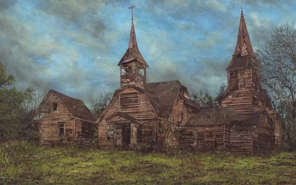 Image similar to an old wooden church rotting away in the bayou, realistic, oil painting, dynamic composition, ultra detailed