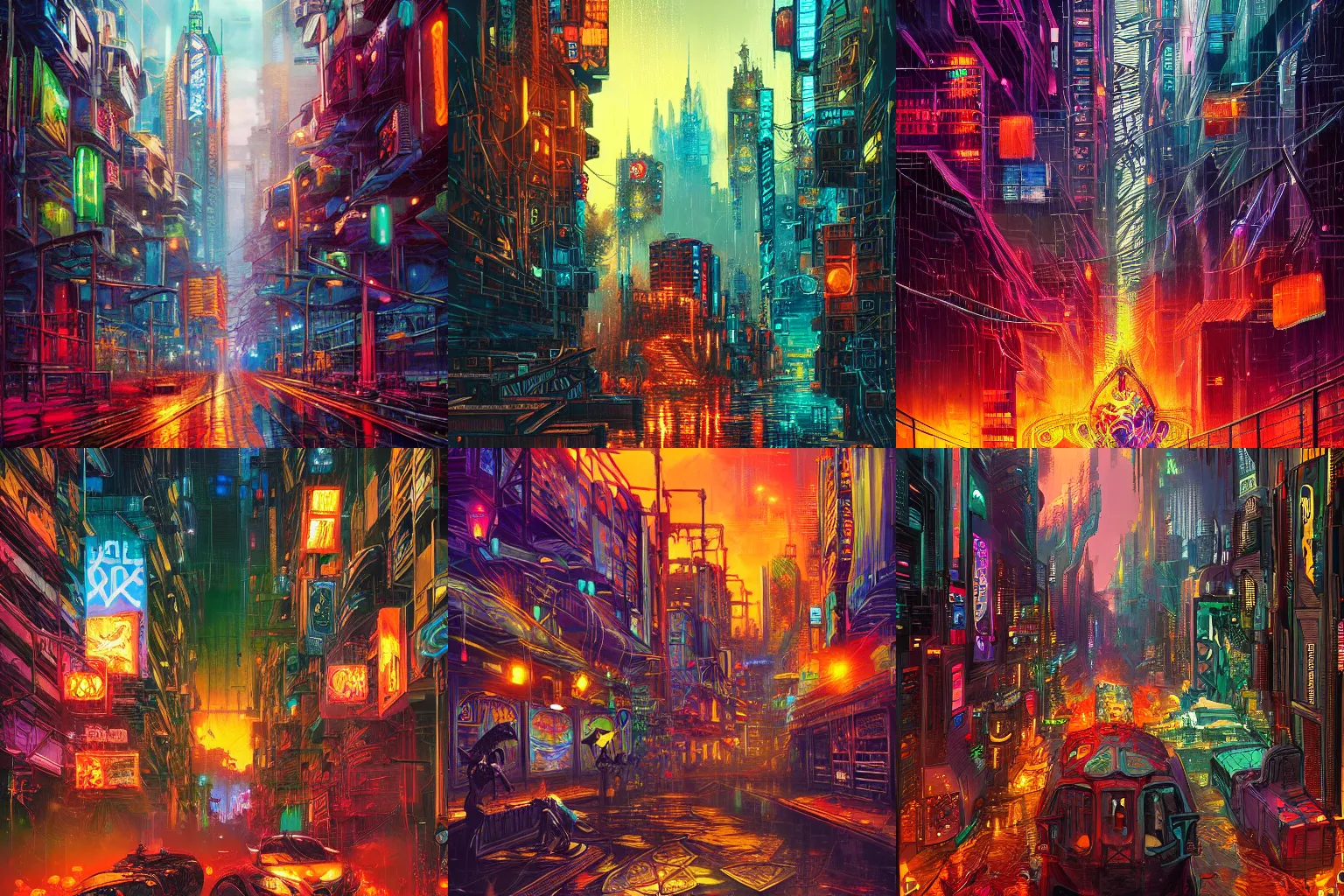 Prompt: magic the gathering art, complex elaborate beautiful cyberpunk city, rainy weather, rich colors by Dan Mumford and by Dan Witz, golden hour, very very very very beautiful