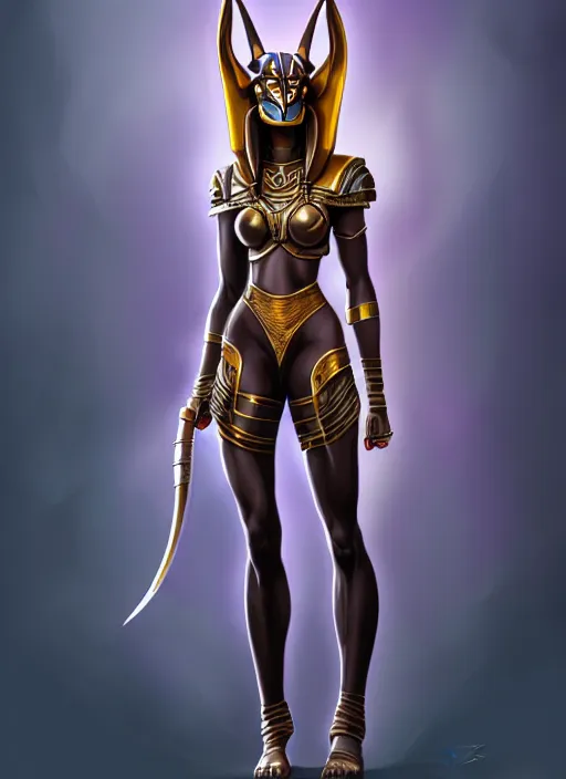 Prompt: pretty woman wearing an anubis themed outfit, highly detailed, artgerm style, artstation, soft light, sharp focus, illustration, character design, concept art