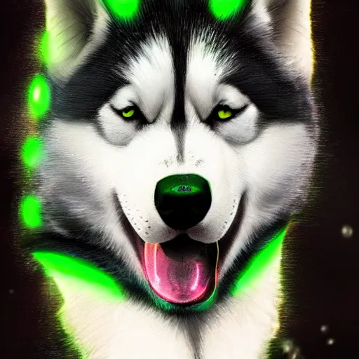 Prompt: aesthetic portrait commission of a furry anthro husky with epic neon rimmed outfit, short depth of field close up shot hyper-detailed, cinematic intense Atmosphere with heavy rain drenching husky. Character design by charlie bowater, ross tran, artgerm, and makoto shinkai, detailed, inked, western comic book art, 2021 award winning painting