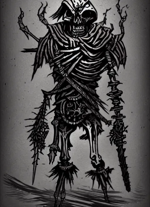 Image similar to concept art of a twisted skeleton warrior in darkest dungeon, highly detailed, dark atmosphere, cosmic horror, body horror, lovecraft mythos, key character poster