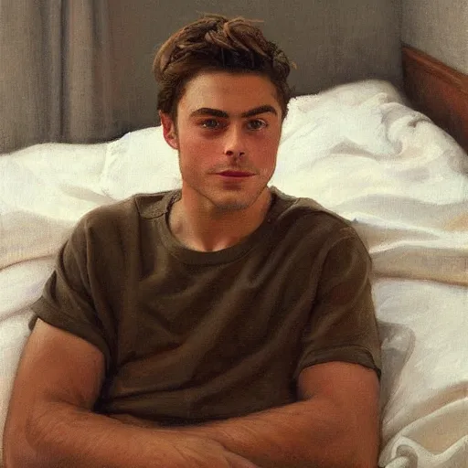 Image similar to Harold knight painting of zach efron posing in a studio wrapped in bed sheets,