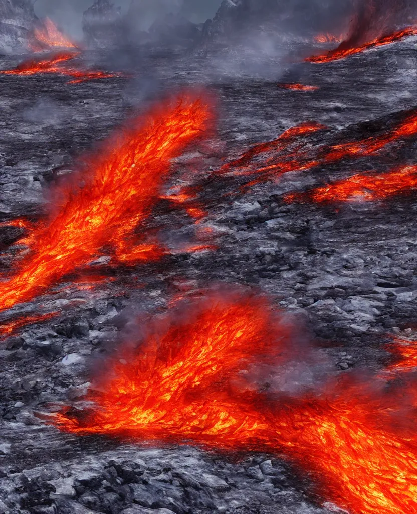 Prompt: Icy road on a planet of lava, flames alongside the road, perspective of the driver, photorealism, 4k